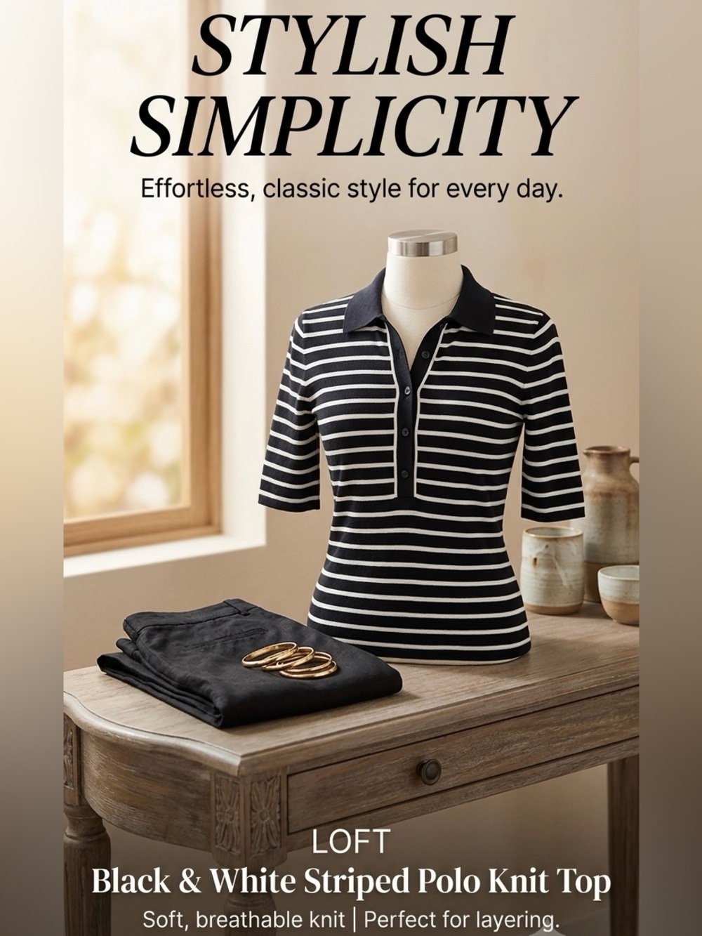 LOFT Black & White Striped Polo Knit Top